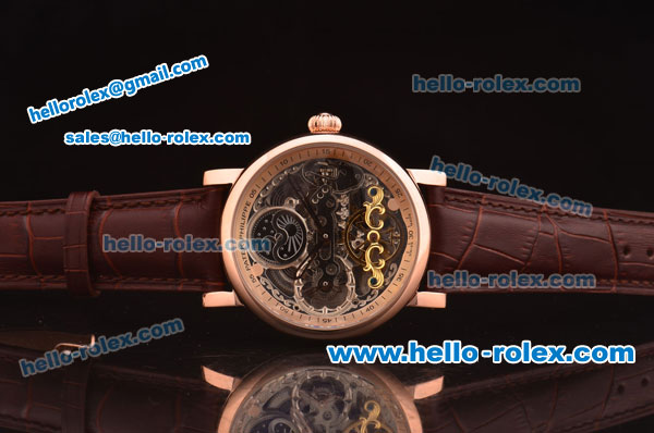 Patek Philippe Skeleton Tourbillon SM Phase Automatic Rose Gold Case Brown Leather Strap - Click Image to Close